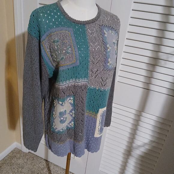 VTG Jantzen Classic Color Block Sweater Embroidered By Hand L/XL Grey/Aqua - Picture 1 of 16